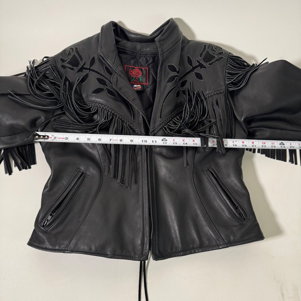 Fashions by Rose Vintage Black Leather Fringe Western Biker Jacket Floral US 16 - Picture 6 of 9